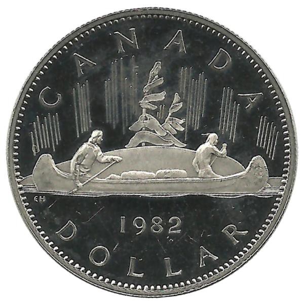 Монета 1 доллар. 1982 год,  Индейцы в каноэ.  Канада. пруф CuNi