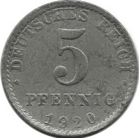 Монета 5 пфеннигов.  1920 год, (А) Германская империя.  (магнетик)