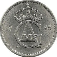 Монета 25 эре. 1965 год, Швеция. (U).