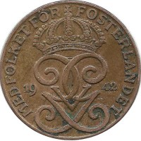 Монета 2 эре.1942 год, Швеция.