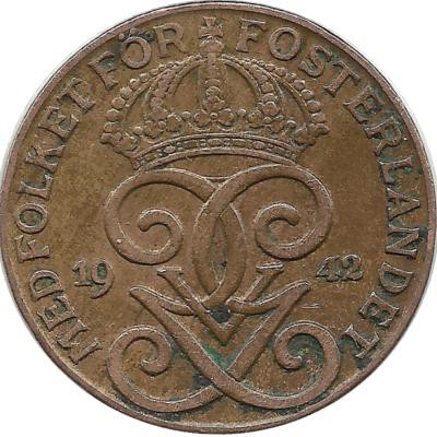 Монета 2 эре.1942 год, Швеция.