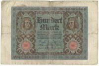 Рейхсбанкнота 100 рейхсмарок 1920 год, Германия. (Серия двулитерная. Первая литера напечатана в фоновой сетке - O, вторая напечатана вместе с серийным номером - W.  Номер восьмизначный).