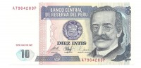 Перу. Банкнота 10 интис  1987 год.  UNC. 