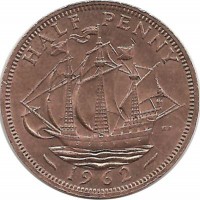 Монета 1/2 пенни 1962 год. Золотая лань. Великобритания.