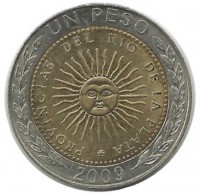 1 песо  2009г. Аргентина(UNC) , Дизайн первой аргентинской монеты.
