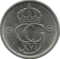 Монета 25 эре. 1981 год, Швеция. (U).