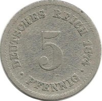 Монета 5 пфеннигов.  1874 год, (B) Германская империя.