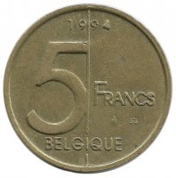 Монета 5 франков. 1994 год, Бельгия.  (Belgique).