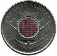 Память. 90 лет с начала Первой мировой войны. Монета 25 центов (квотер),   2004 год, Канада. UNC.