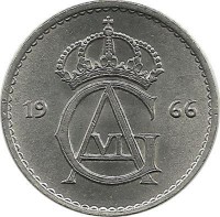 Монета 25 эре. 1966 год, Швеция. (U).