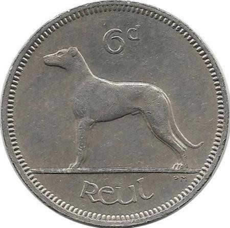 Ирландский волкодав. Монета 6 пенсов. 1969 год, Ирландия.