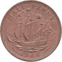 Монета 1/2 пенни 1964 год. Золотая лань. Великобритания.