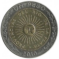 1 песо  2010г. Аргентина (UNC) , Дизайн первой аргентинской монеты.