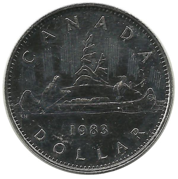 Монета 1 доллар. 1983 год,  Индейцы в каноэ.  Канада. BUNC.