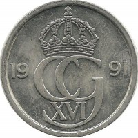 Монета 50 эре. 1991 год, Швеция. (D).
