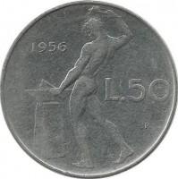 Монета 50 лир. 1956 год,  бог огня Вулкан. Италия.