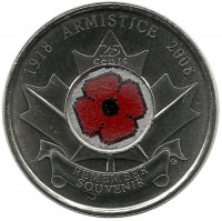 90 лет со дня окончания Первой мировой войны. Монета 25 центов (квотер), 2008 год, Канада. UNC.