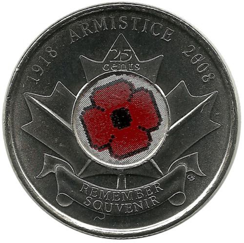 90 лет со дня окончания Первой мировой войны. Монета 25 центов (квотер), 2008 год, Канада. UNC.