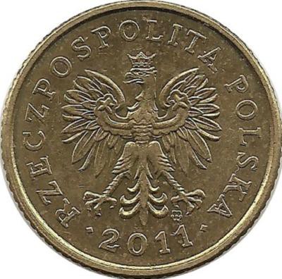 Монета 1 грош, 2011 год, Польша.