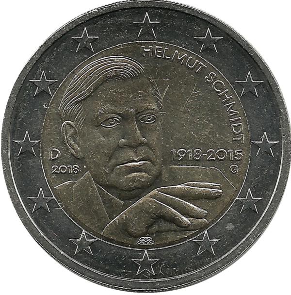 100 лет со дня рождения Гельмута Шмидта. Монета 2 евро, 2018 год, (G). Германия. UNC.