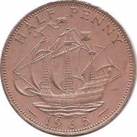 Монета 1/2 пенни 1965 год. Золотая лань. Великобритания.