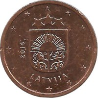 Монета 2 цента, 2014 год, Латвия. 
