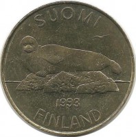 Тюлень. Монета 5 марок. 1993 год, Финляндия. UNC.   