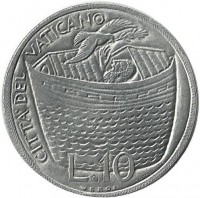 Монета 10 лир 1975г. Ватикан (UNC)