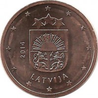 Монета 5 центов, 2014 год, Латвия. UNC.