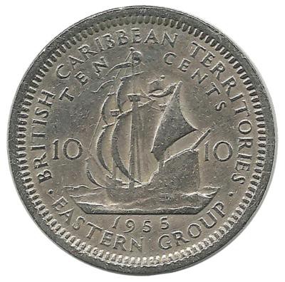 Галеон "Золотая лань" сэра Френсиса Дрейка. Монета 10 центов.1955 год, Британские Восточные Карибские Территории.