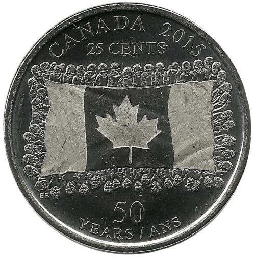50 лет флагу Канады. Монета 25 центов  (квотер),  2015 год, Канада. UNC.