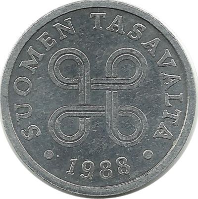 Монета 5 пенни.1988 год, Финляндия.
