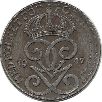 Монета 2 эре.1947 год, Швеция. (Железо).
