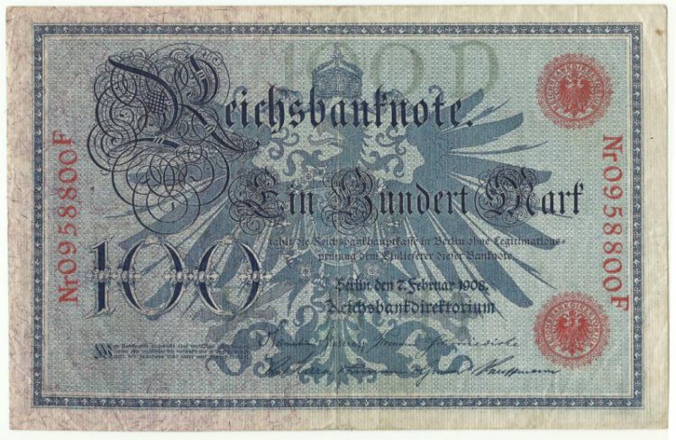 Банкнота (рейхсбанкнота) 100 марок. 1908 год, (Литера: D, Серия: F), Германская империя. (Две красные печати).